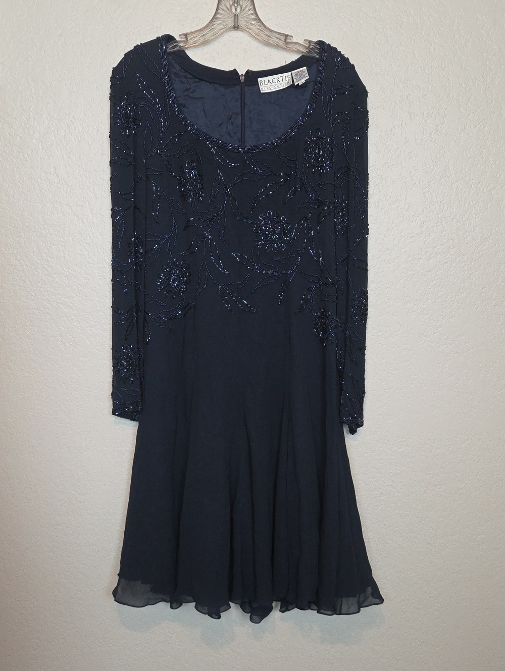 Vintage Oleg Cassini Navy Long-Sleeve Silk Beaded Cocktail Dress
